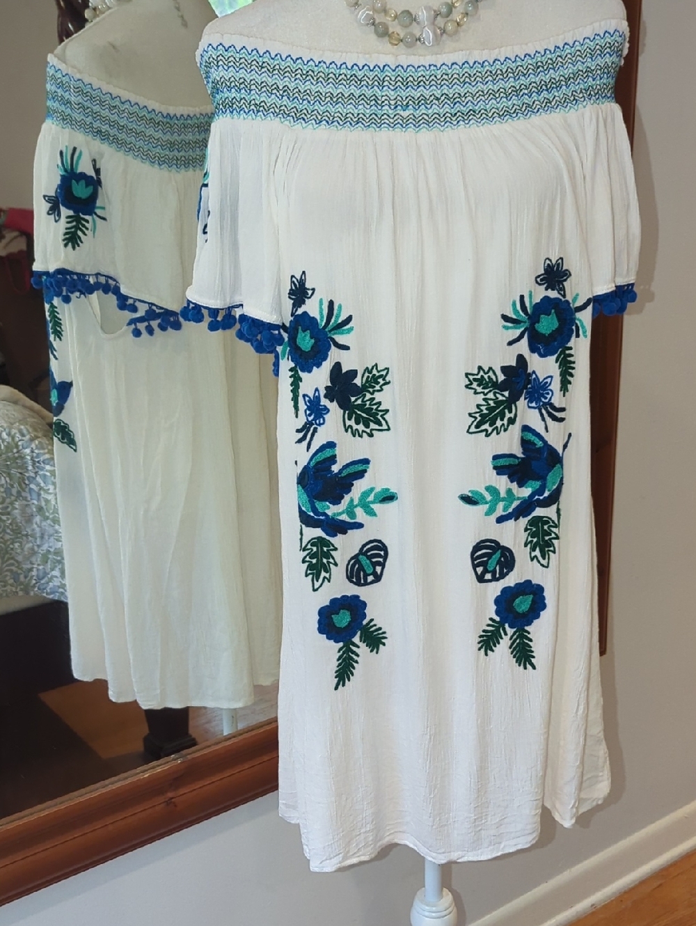 White Off-Shoulder Midi Dress with Blue & Green Embroidery